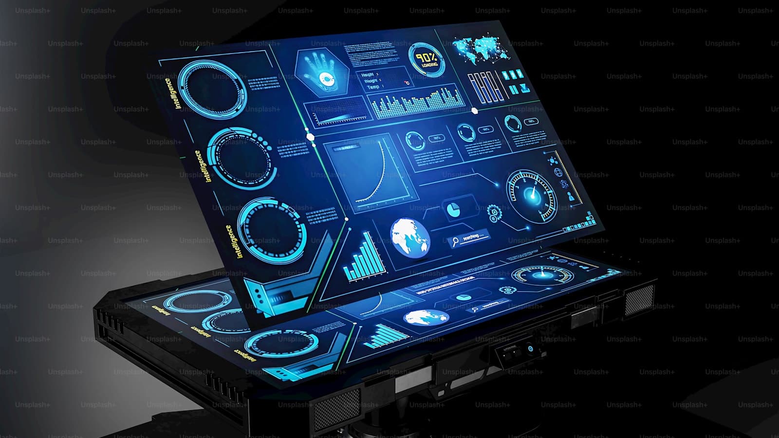 Workspace with multiple monitors showing data dashboards